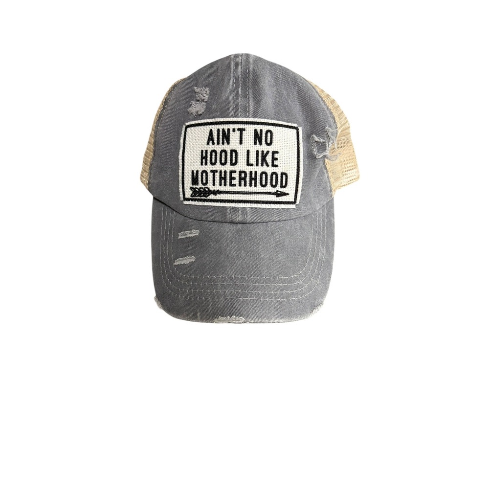 Gray Distressed Ponytail Trucker Hat Aint No Hood Like Motherhood Mom Cap Tan